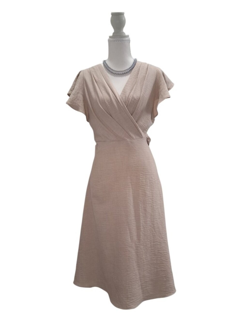 DKNY Nude / Beige Faux Wrap Midi Dress with Flutter Sleeves - Size 4P